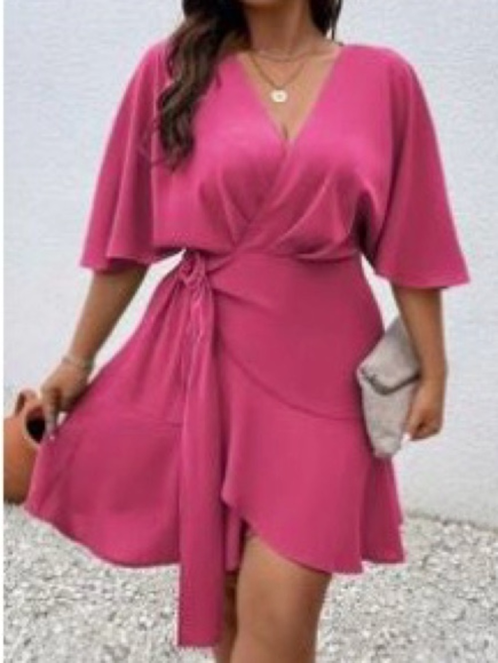 SHEIN Fuchsia Pink Wrap Mini Dress with Flutter Sleeves